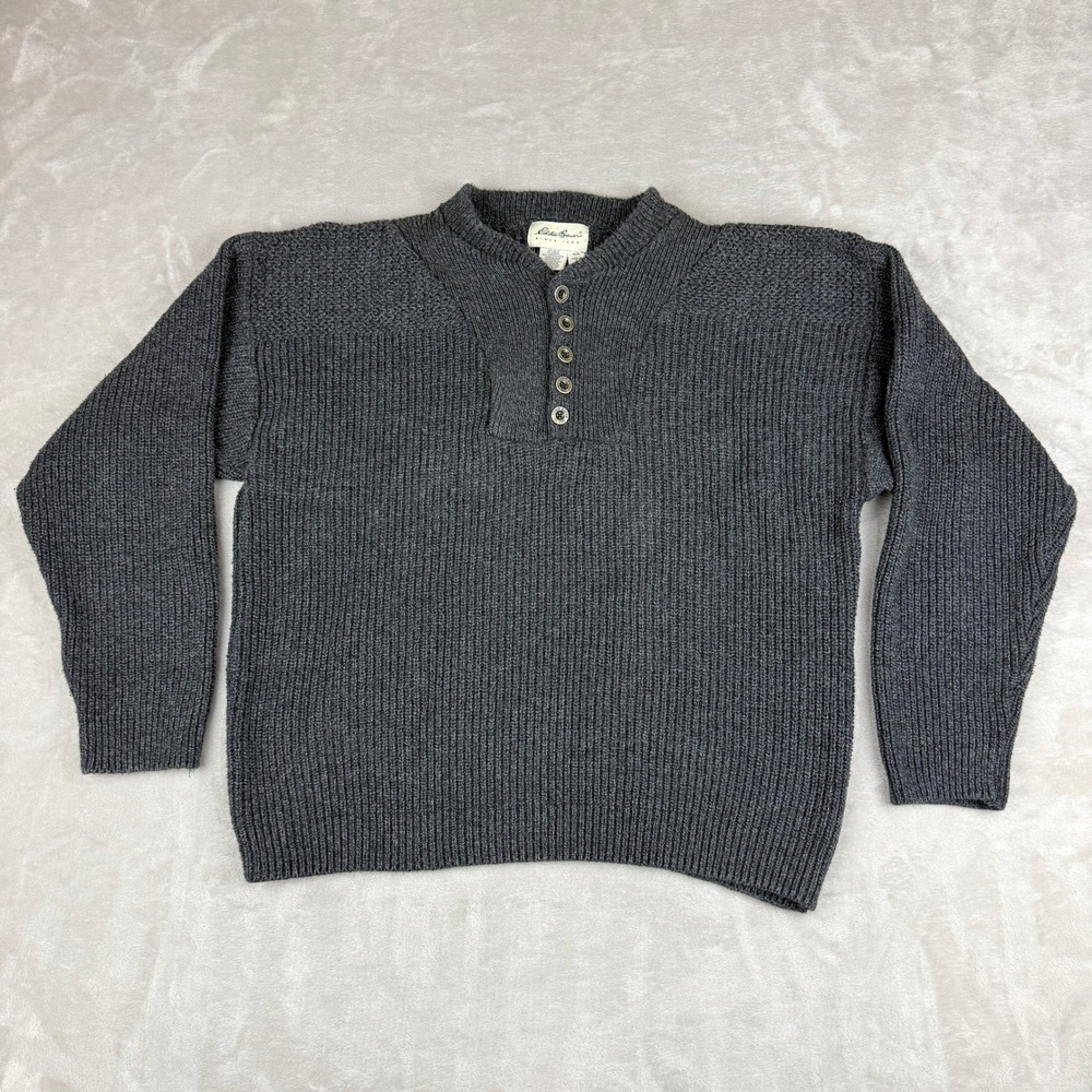 VTG Eddie Bauer Henley Sweater Mens L Dark Gray Ribbed Knit Textured Fisherman